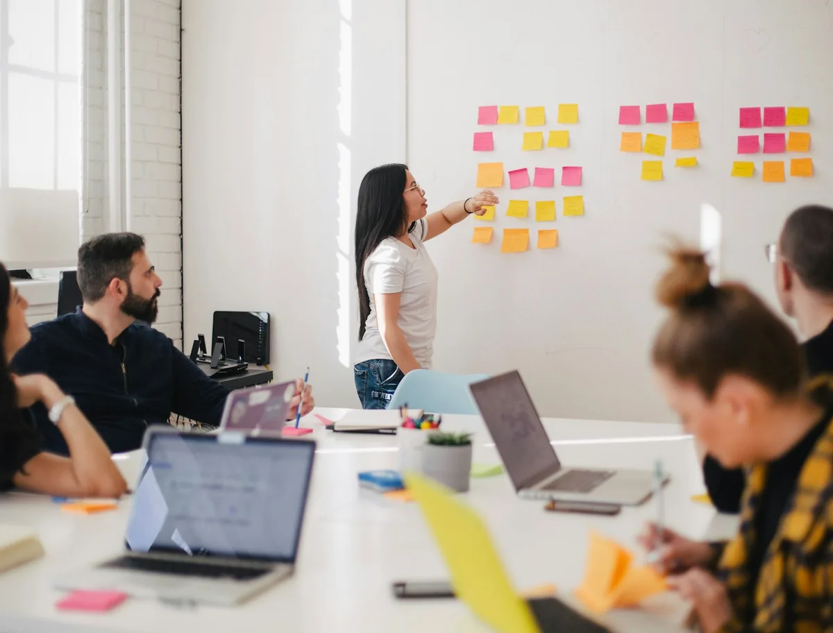 Team priorisiert Prozesse mit Klebezetteln an der Wand